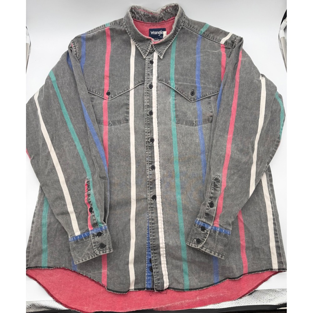 Vintage 90s 80s Wrangler Brushpopper Western Shirt Mens 17.5 Striped Long Tail